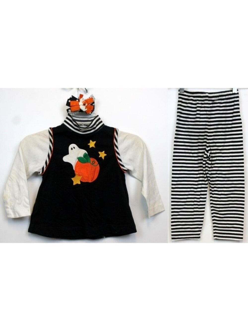 1990s Melissa Jackson 3pc Halloween Outfit sz 5 Ghost Pumpkin Stripes Shirt Bow